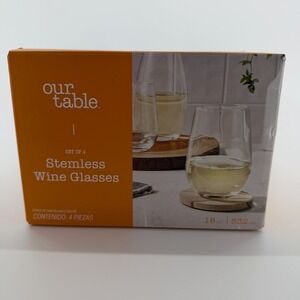 Our Table Stemless Wine Glasses 18oz Set of 4 Clear Glassware New in Box